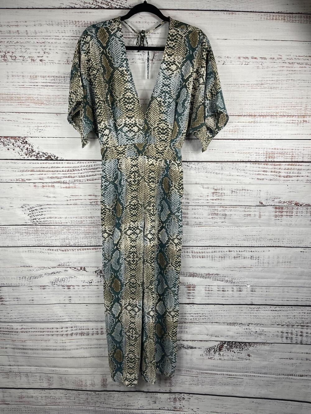 Buddy Love Jumpsuit Women's Size M Green Blue Snake Print Wide Leg V Neck Pocket